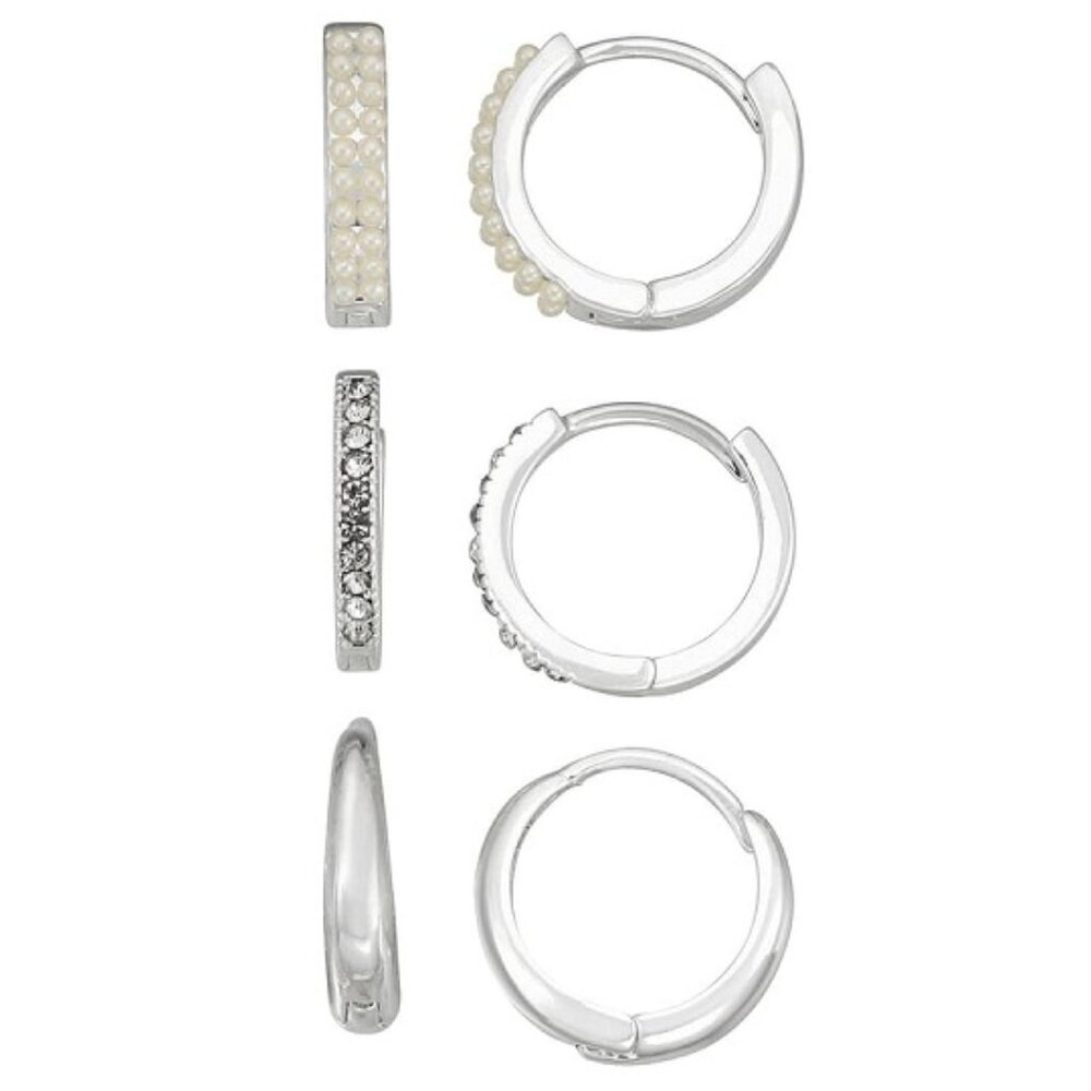 NAPIER 3pc SET Mod/Contemporary Silver Crystal/Pearl/Smooth Petite Hoop Earrings